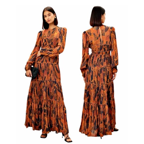 Farm Rio Giraffes Puff Sleeve Corset Piping Tiered Maxi Dress in Orange  S  $315 - Picture 1 of 16